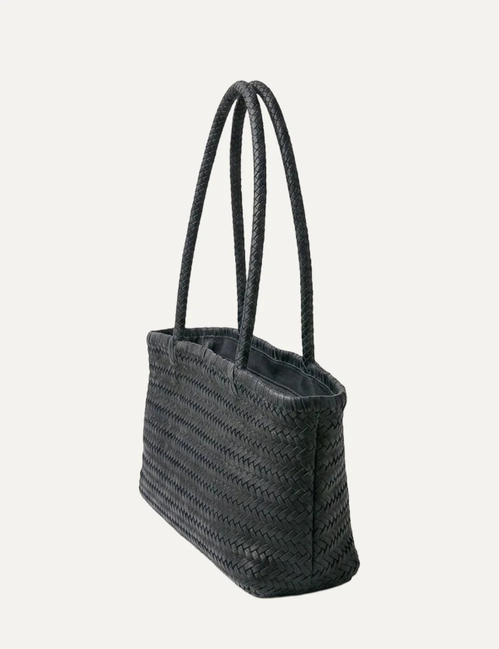 Biba Perkins black woven leather baguette shoulder bag with elongated shape, braided handles, leather tassel and logo tag side