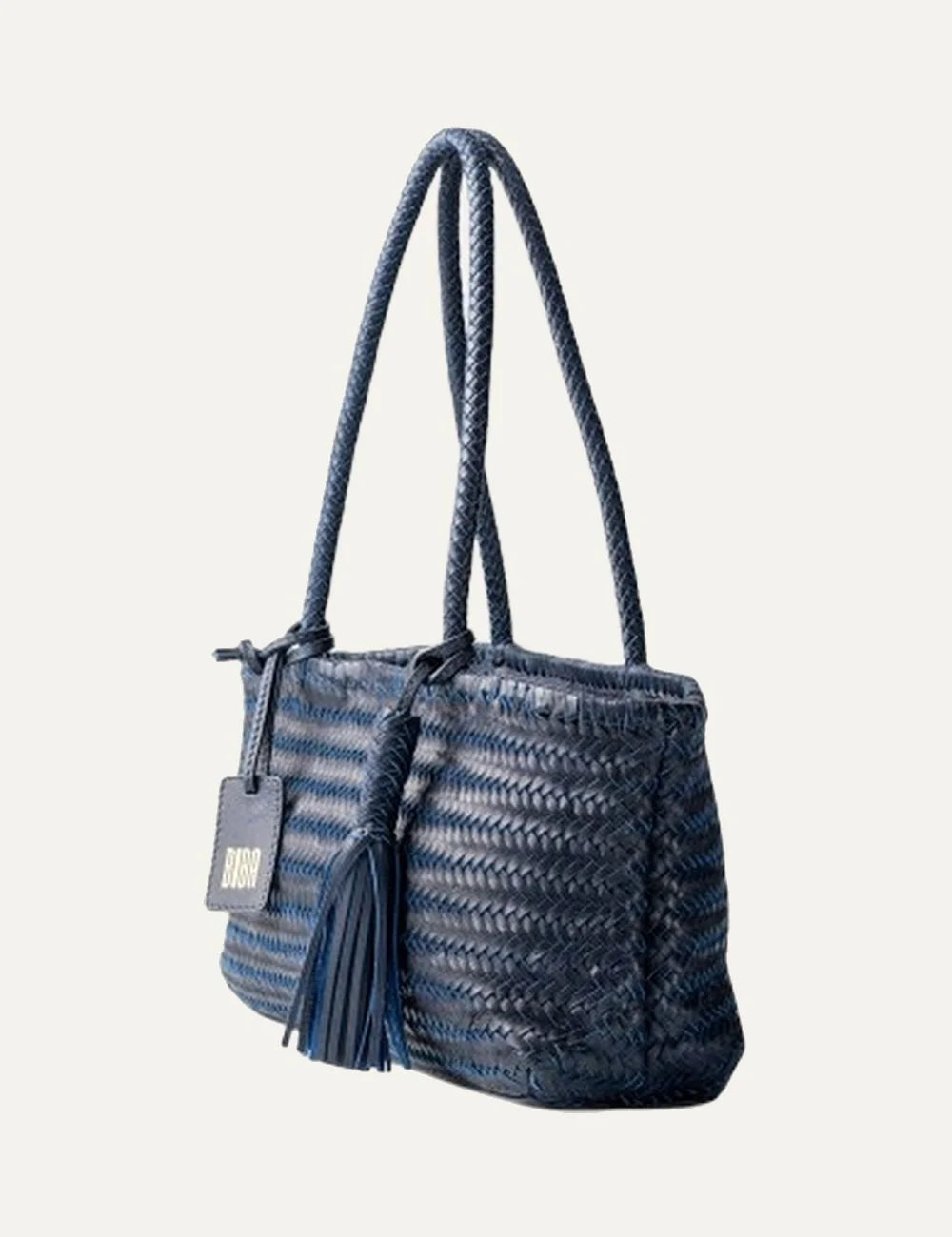 Biba Perkins blue woven leather baguette shoulder bag with elongated silhouette, braided handles, leather tassel and logo tag side