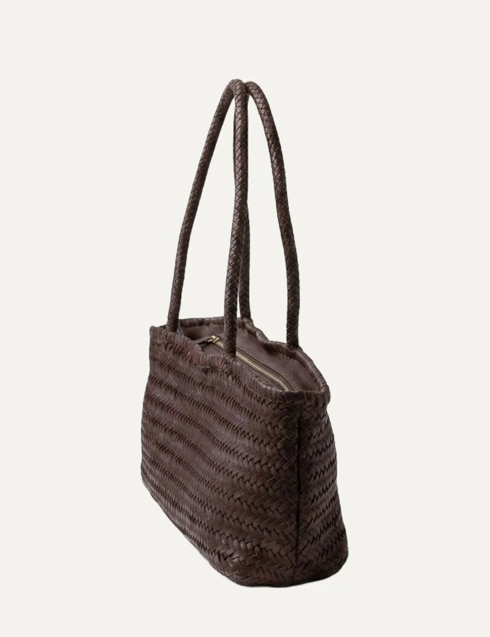 Biba women's dark brown handwoven leather baguette shoulder bag with braided handles, leather tassel and hanging Biba logo tag side