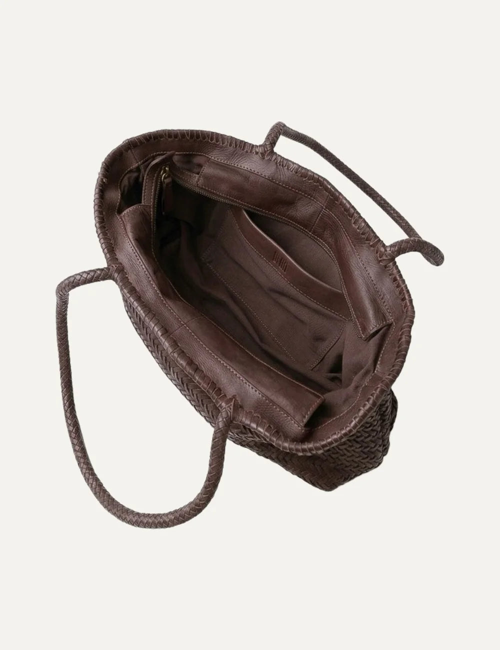 Biba women's dark brown handwoven leather baguette shoulder bag with braided handles, leather tassel and hanging Biba logo tag top