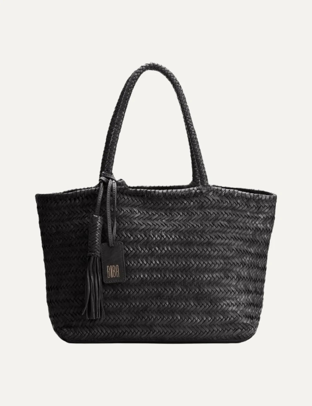 Biba Perkins black woven leather shopper bag with braided handles, herringbone texture and leather tassel.