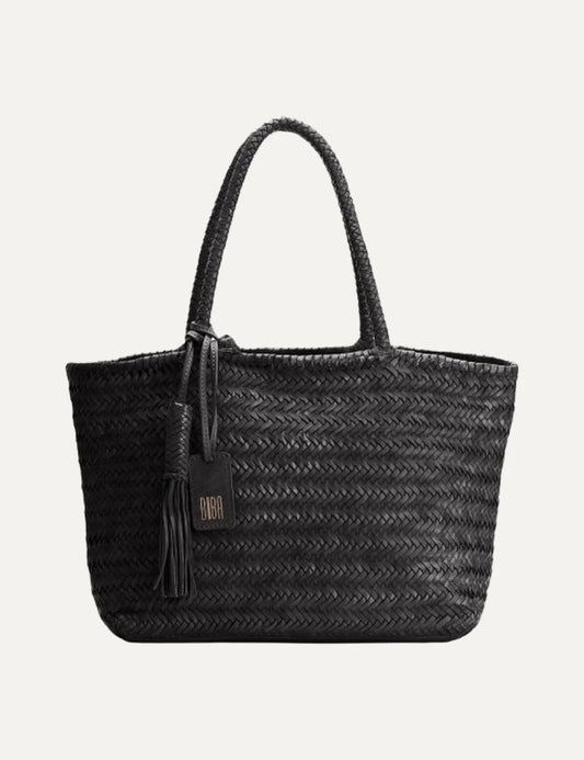 Biba Perkins black woven leather shopper bag with braided handles, herringbone texture and leather tassel.