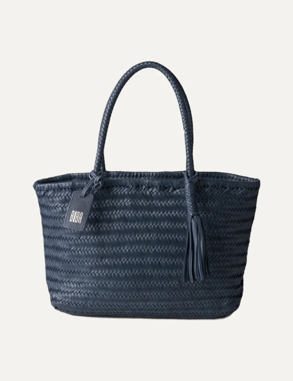 Biba Perkins dark navy blue woven leather shopper bag with braided handles, herringbone pattern and leather tassel.