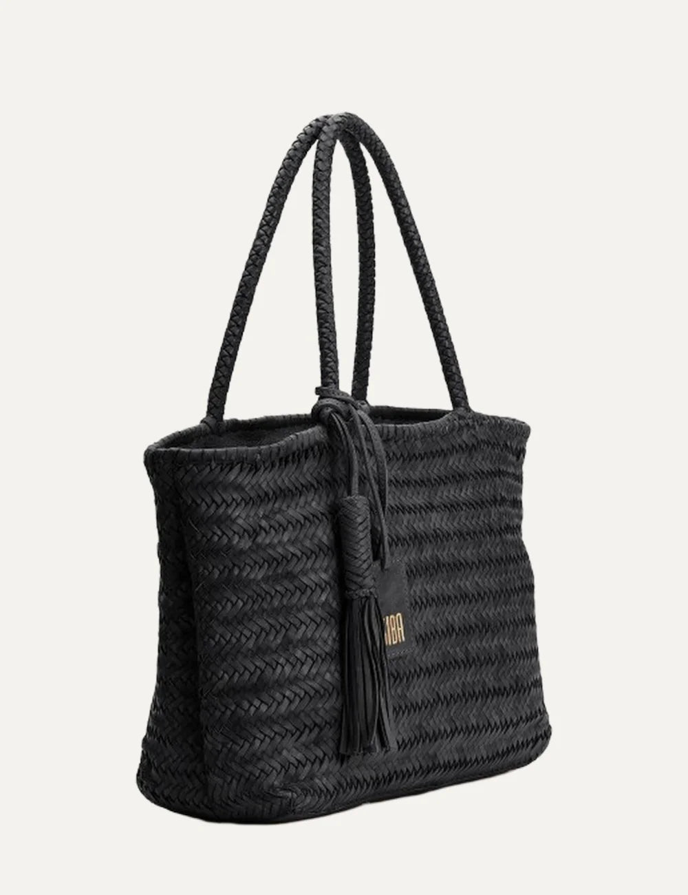 Biba Perkins black woven leather shopper bag with braided handles, herringbone texture and leather tassel side