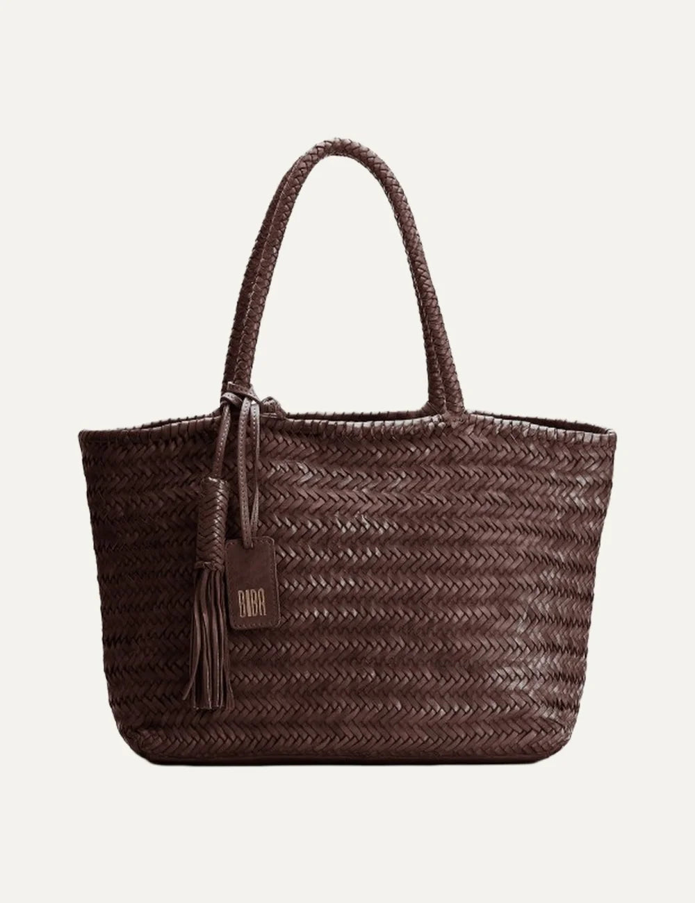 Biba Perkins dark brown woven leather shopper bag with herringbone pattern, braided handles and leather tassel.