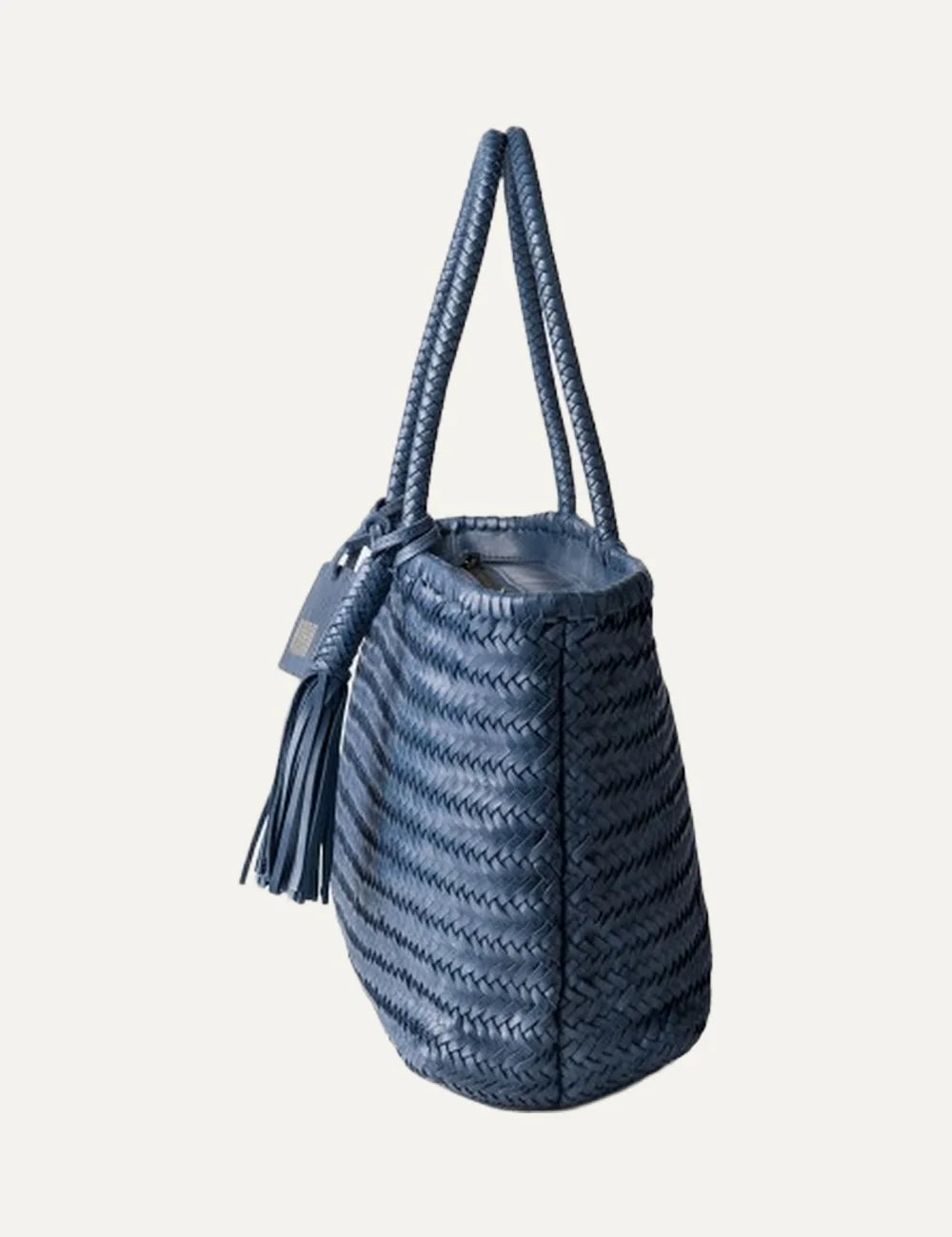Biba Perkins dark navy blue woven leather shopper bag with braided handles, herringbone pattern and leather tassel side