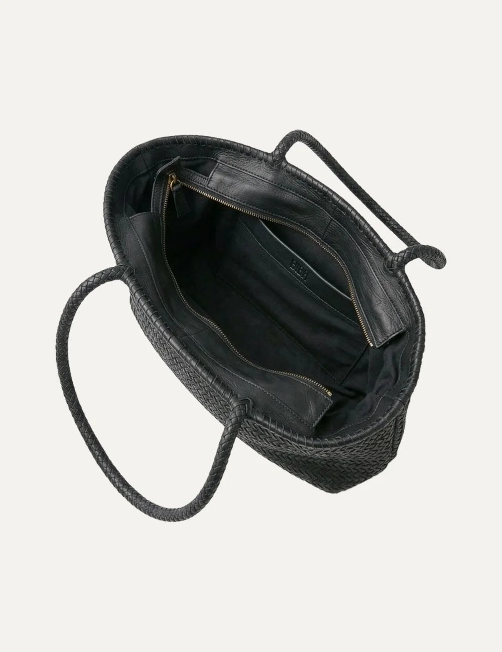 Biba Perkins black woven leather shopper bag with braided handles, herringbone texture and leather tassel top