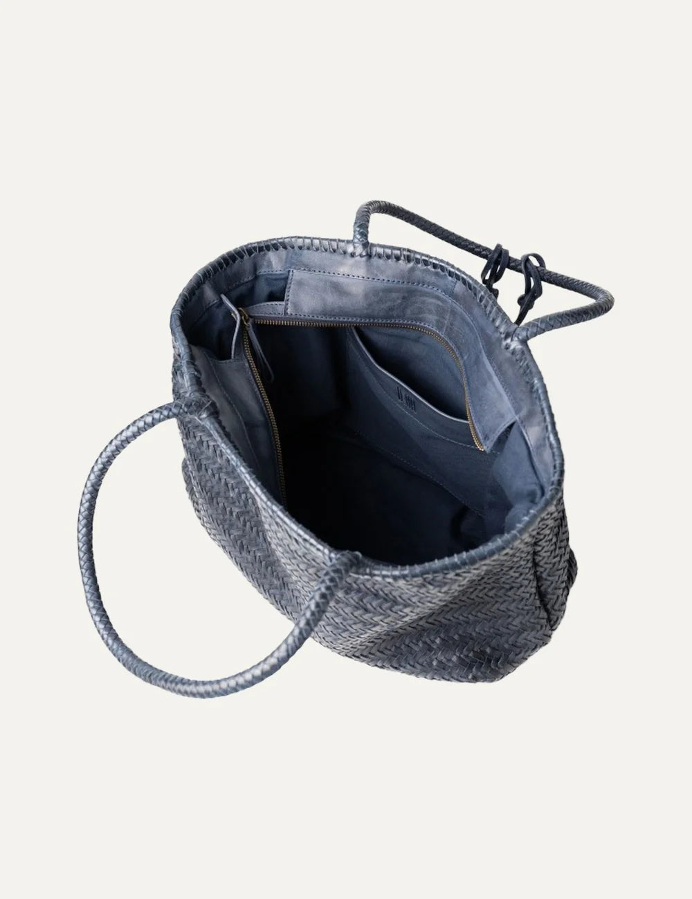 Biba Perkins dark navy blue woven leather shopper bag with braided handles, herringbone pattern and leather tassel top