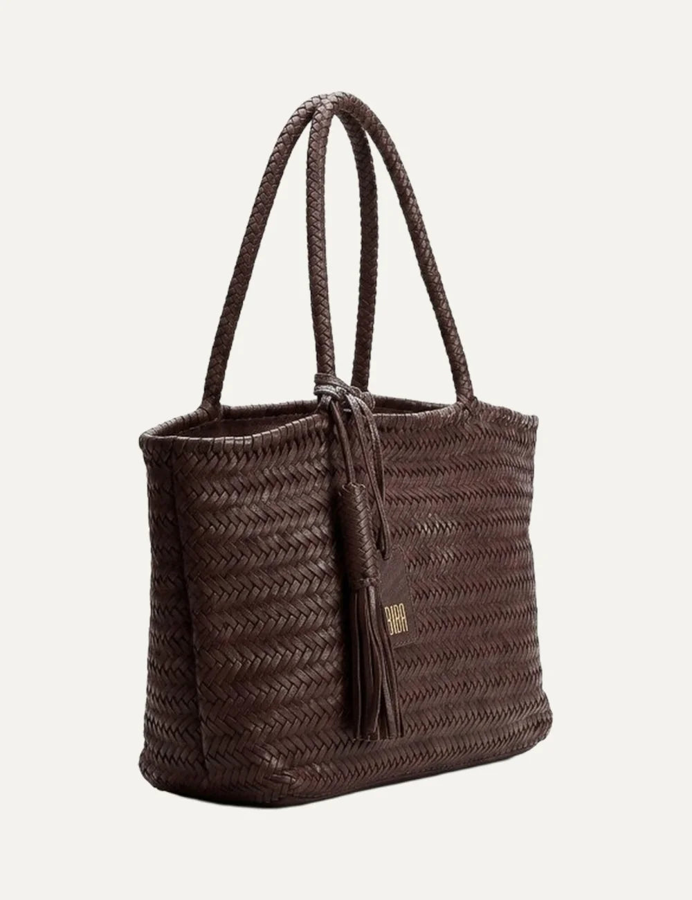 Biba Perkins dark brown woven leather shopper bag with herringbone pattern, braided handles and leather tassel side
