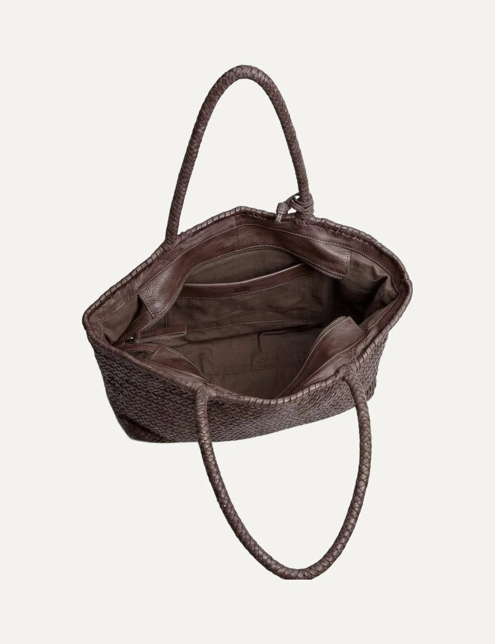 Biba Perkins dark brown woven leather shopper bag with herringbone pattern, braided handles and leather tassel top