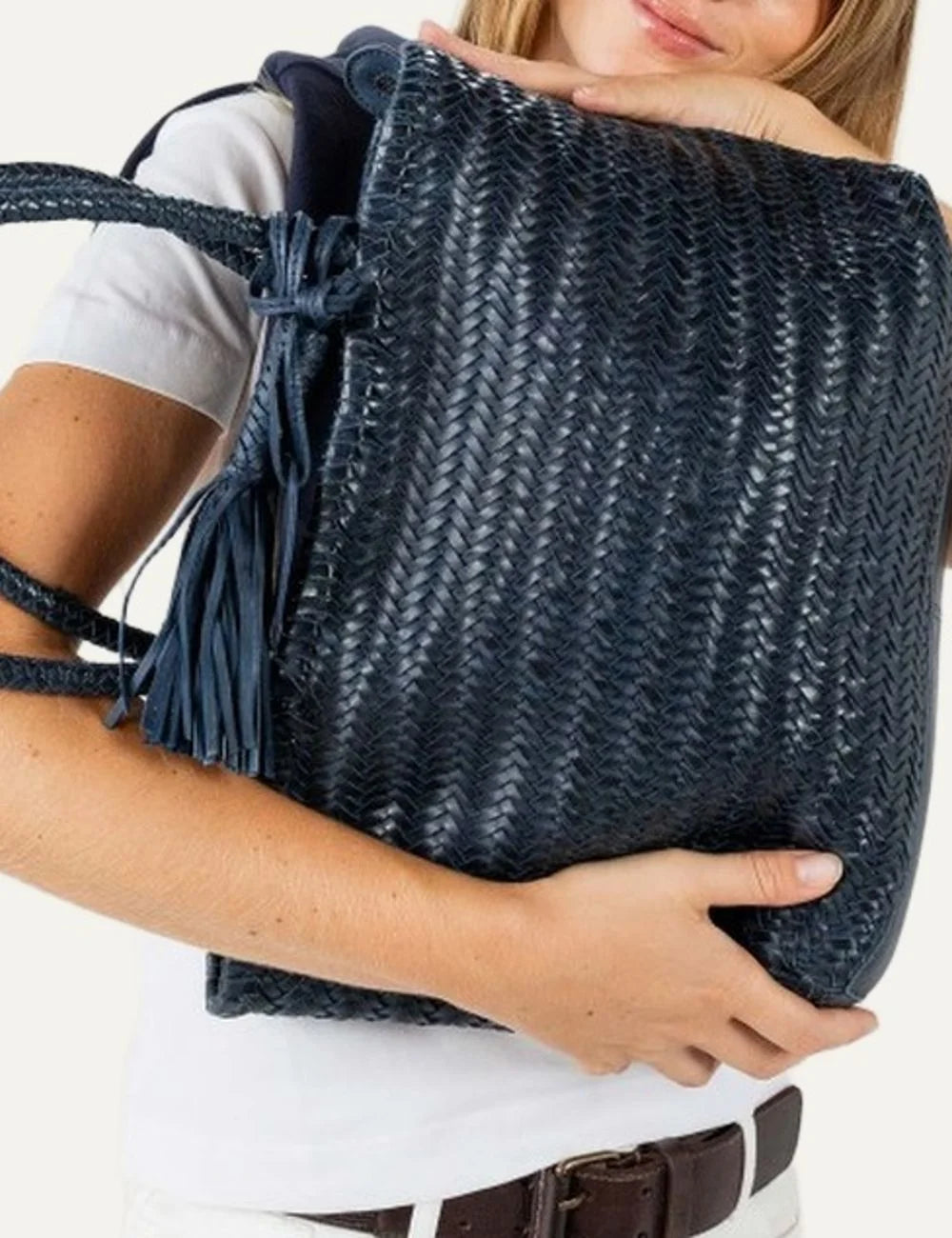 Biba Perkins dark navy blue woven leather shopper bag with braided handles, herringbone pattern and leather tassel model