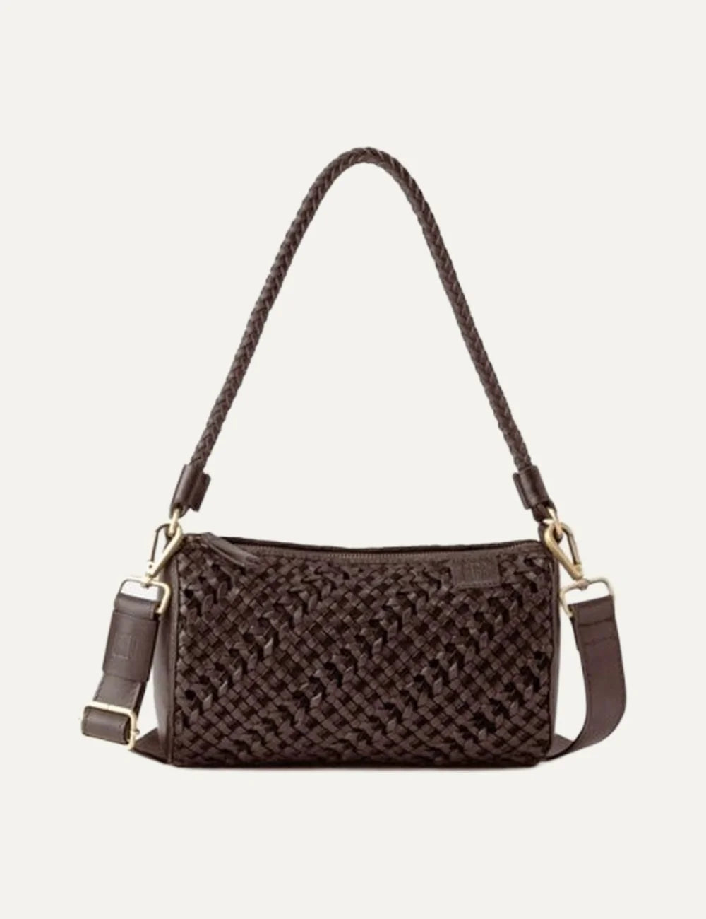 Biba women's dark brown woven leather cylindrical hobo bag with a braided shoulder handle, detachable crossbody strap and antique gold-tone hardware.
