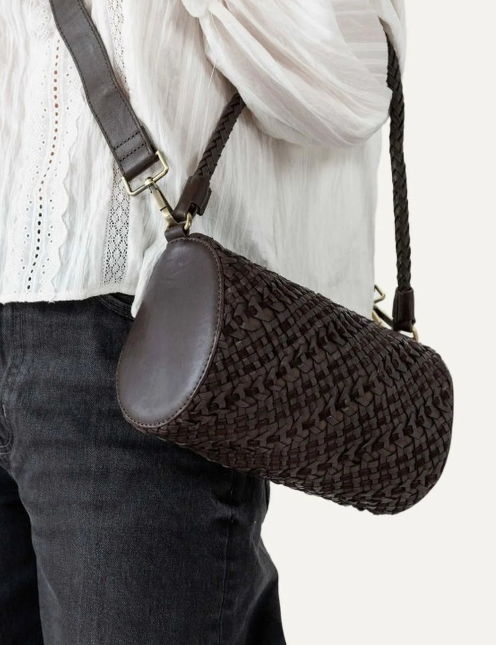 Biba women's dark brown woven leather cylindrical hobo bag with a braided shoulder handle, detachable crossbody strap and antique gold-tone hardware model