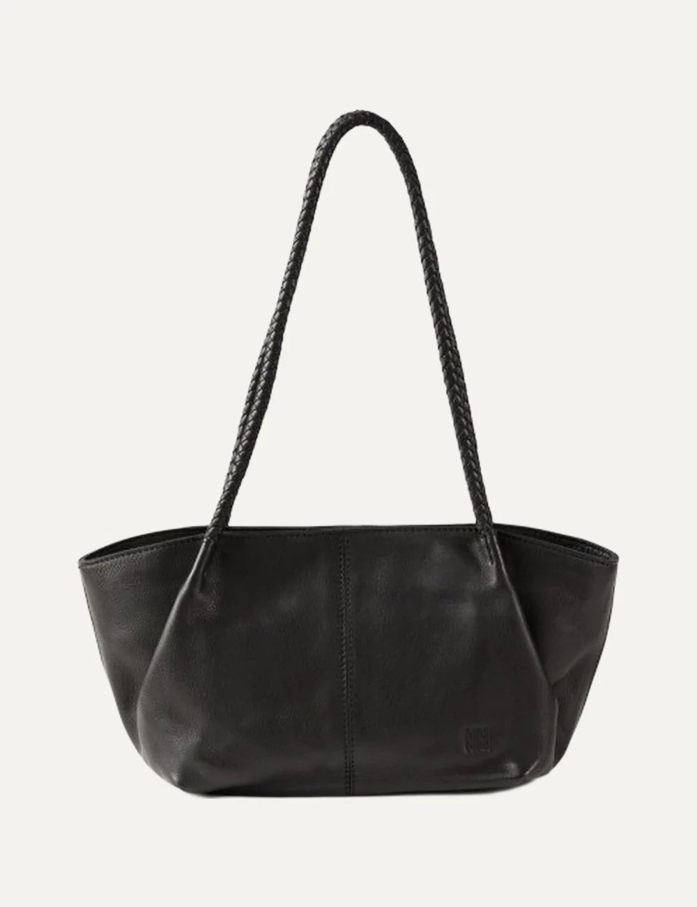 Biba women's black washed leather baguette shoulder bag with long braided handles, curved silhouette and subtle embossed front logo.