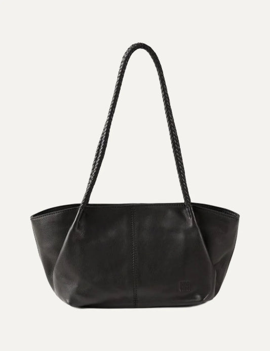 Biba women's black washed leather baguette shoulder bag with long braided handles, curved silhouette and subtle embossed front logo.