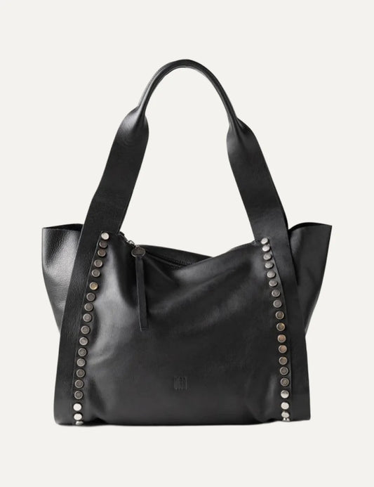 Biba Vienna women's black leather shopper bag with wide shoulder handles, metallic stud detailing along the front edges and a zip closure.