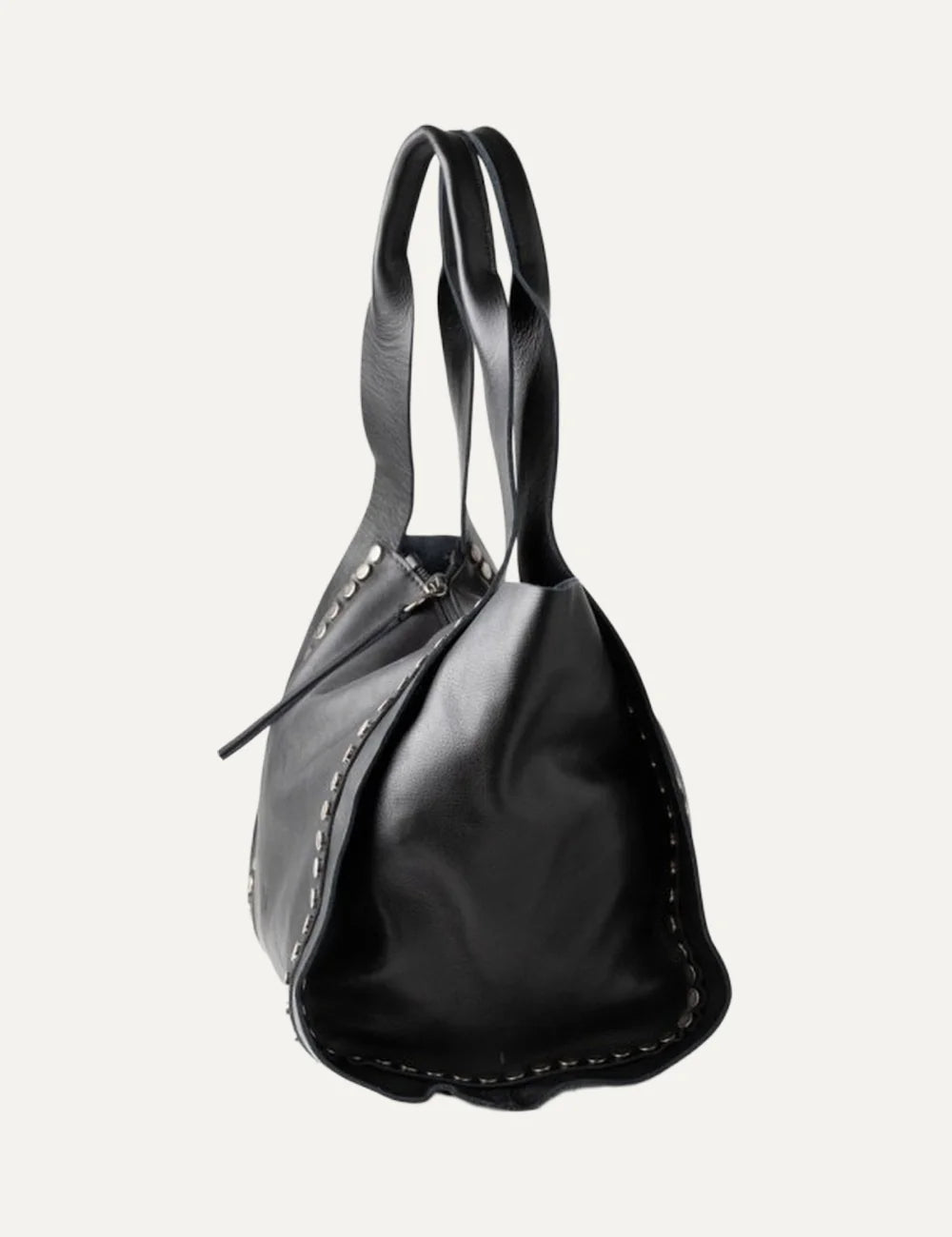 Biba Vienna women's black leather shopper bag with wide shoulder handles, metallic stud detailing along the front edges and a zip closure side