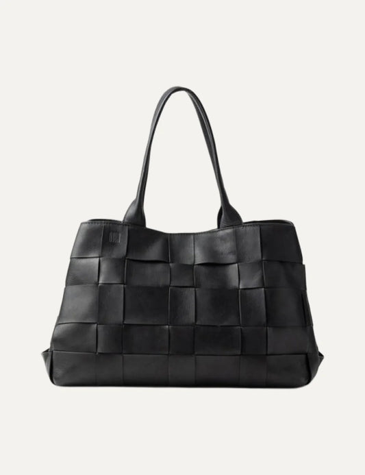 Biba Wann women's black woven leather shopper bag with wide basket-weave detailing, two long shoulder handles and a structured rectangular silhouette.
 