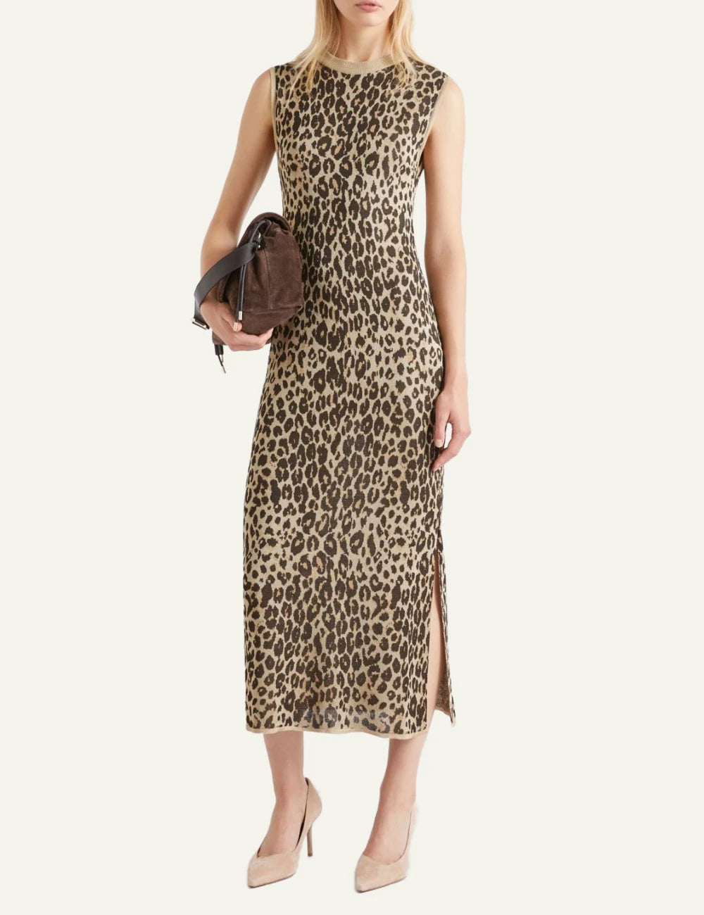 Leopard Print Sleeveless Midi Dress With Side Slit  Model View
