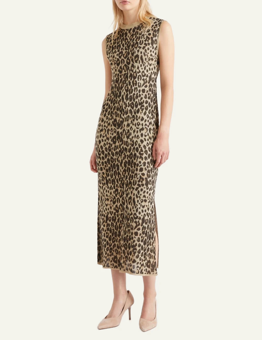 Leopard Print Sleeveless Midi Dress With Side Slit Front Model View