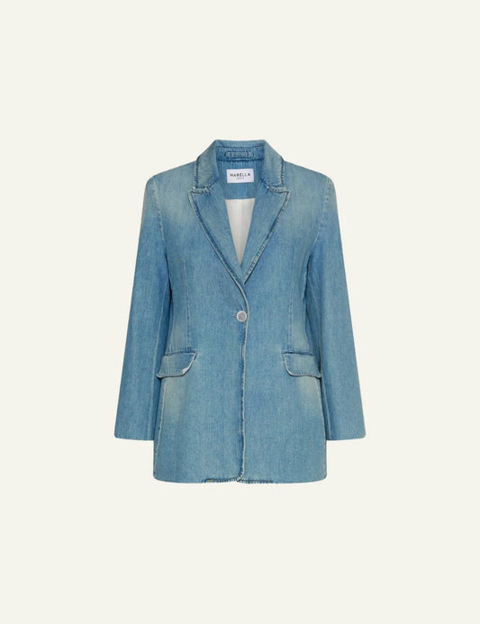 Light Blue Denim Blazer Jacket Front Flat