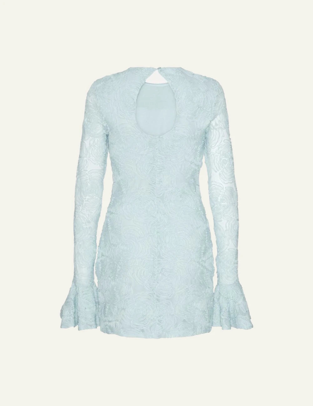 Light blue mesh mini dress with floral texture and long frill sleeves back flat view