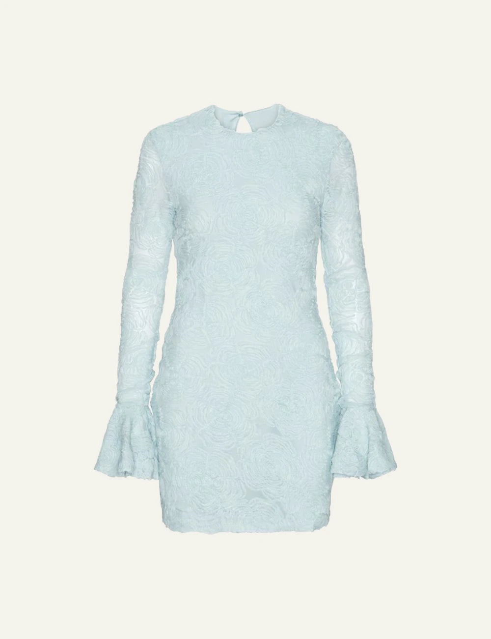 Light blue mesh mini dress with floral texture and long frill sleeves front flat view
