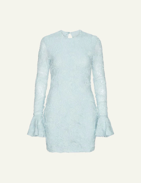 Light blue mesh mini dress with floral texture and long frill sleeves front flat view