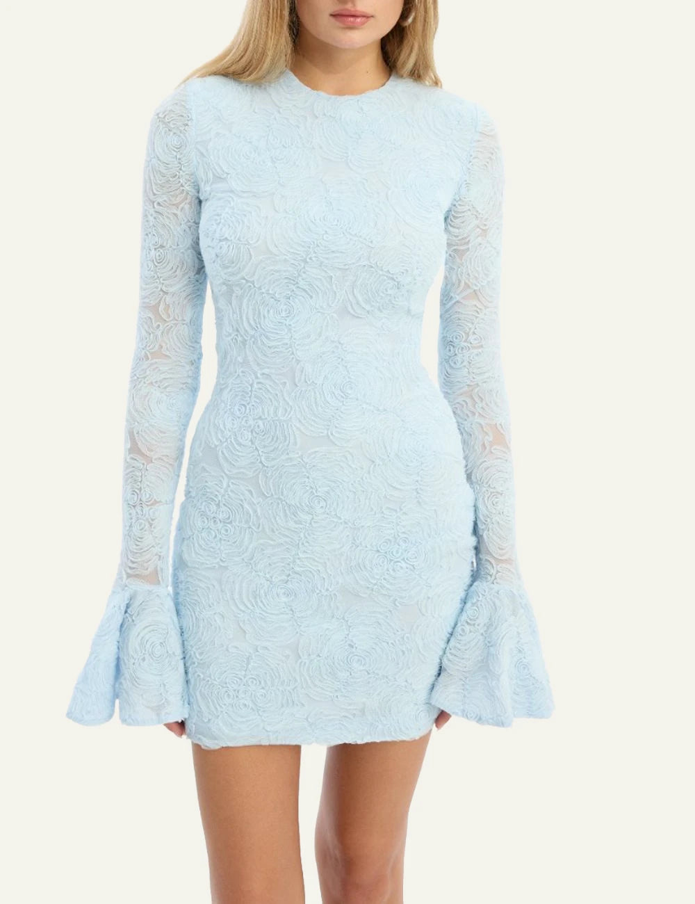 Light blue mesh mini dress with floral texture and long frill sleeves front model view
