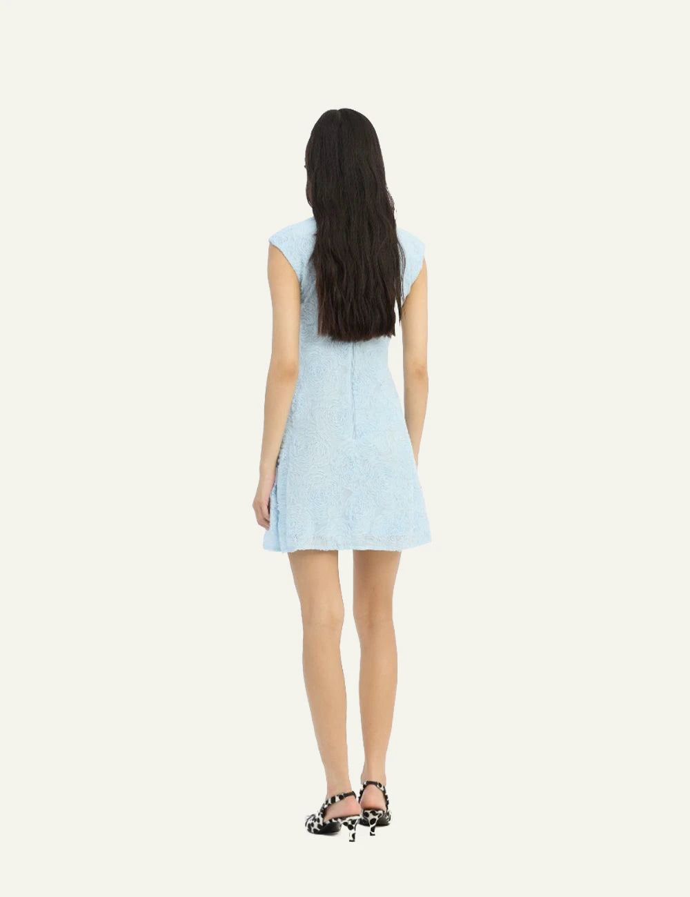 Light blue mesh mini dress with floral texture sleeveless back model view