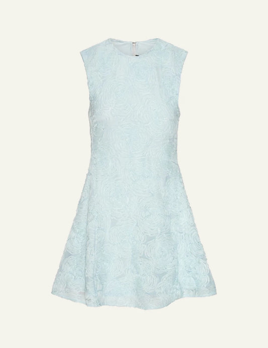 Light blue mesh mini dress with floral texture sleeveless front flat view