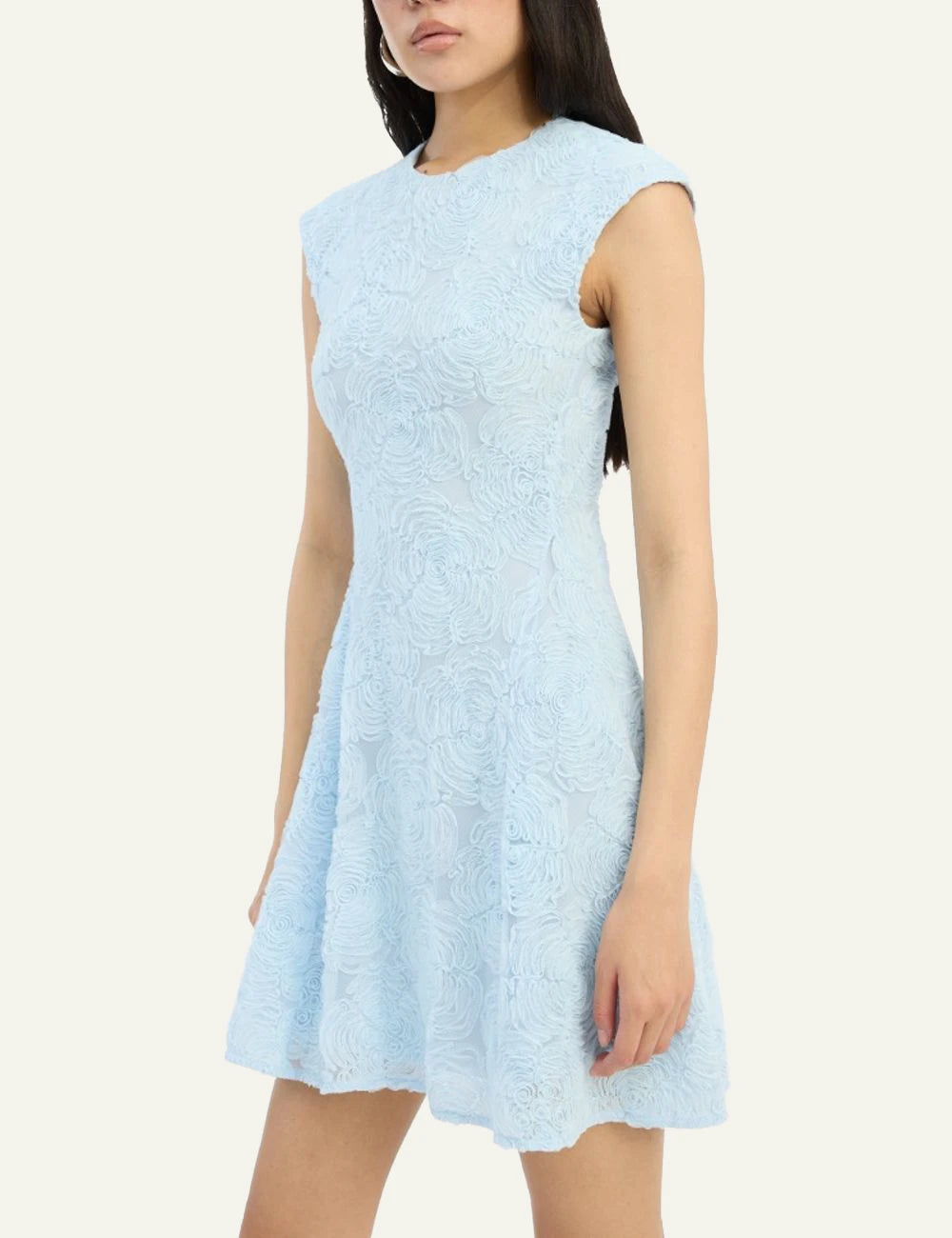 Light blue mesh mini dress with floral texture sleeveless front model view