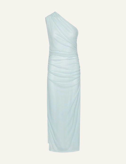 Light blue one shoulder midi dress with ruched detailing front flat view