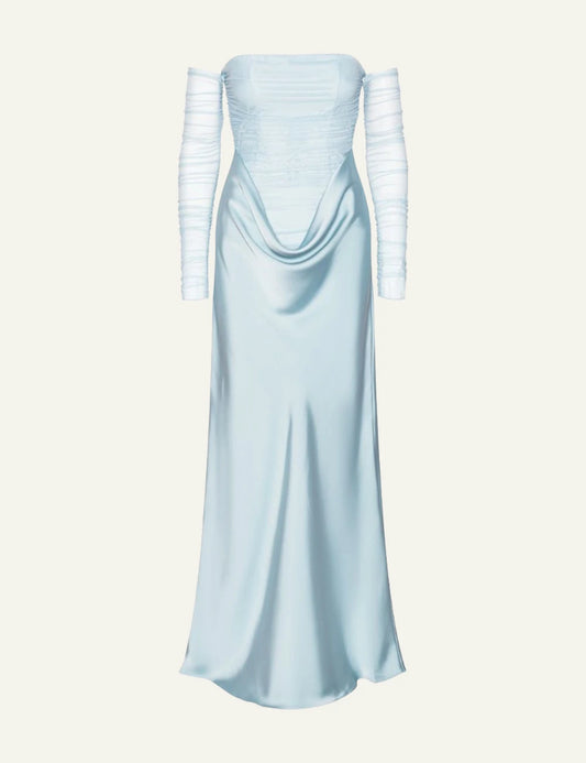 Light blue ruched maxi dress with sheer long sleeves front flat view