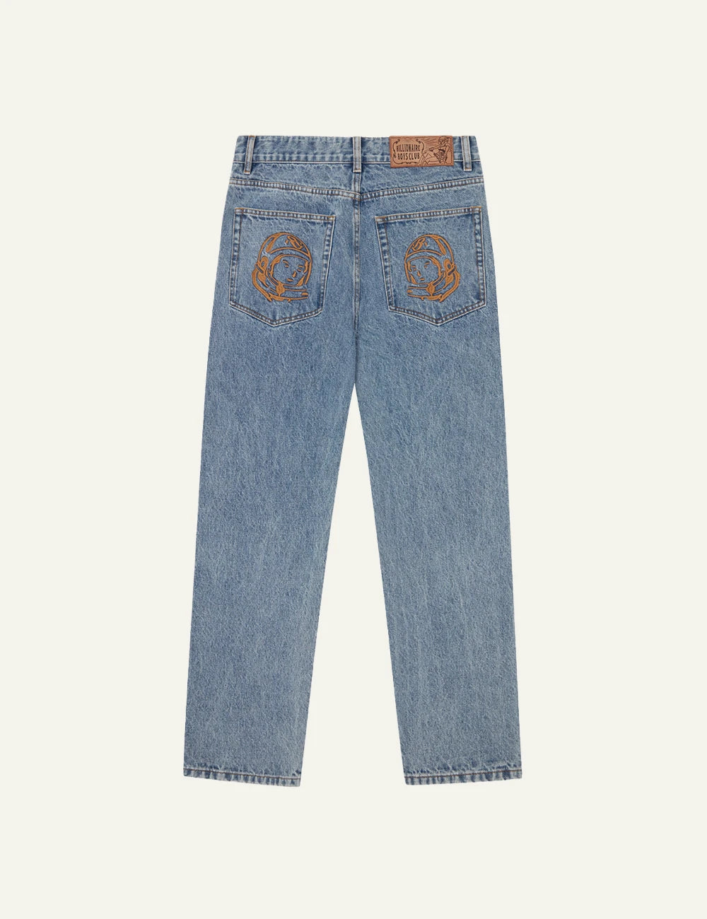 Light Wash Denim Jeans With Billionaire Boys Club Front Logo Print Back Flat View