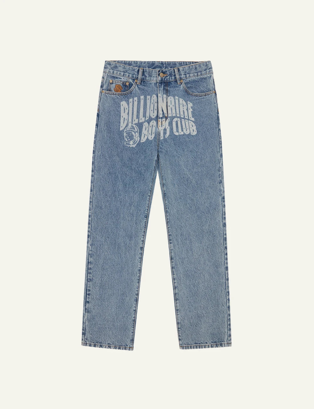 Light Wash Denim Jeans With Billionaire Boys Club Front Logo Print Front Flat View