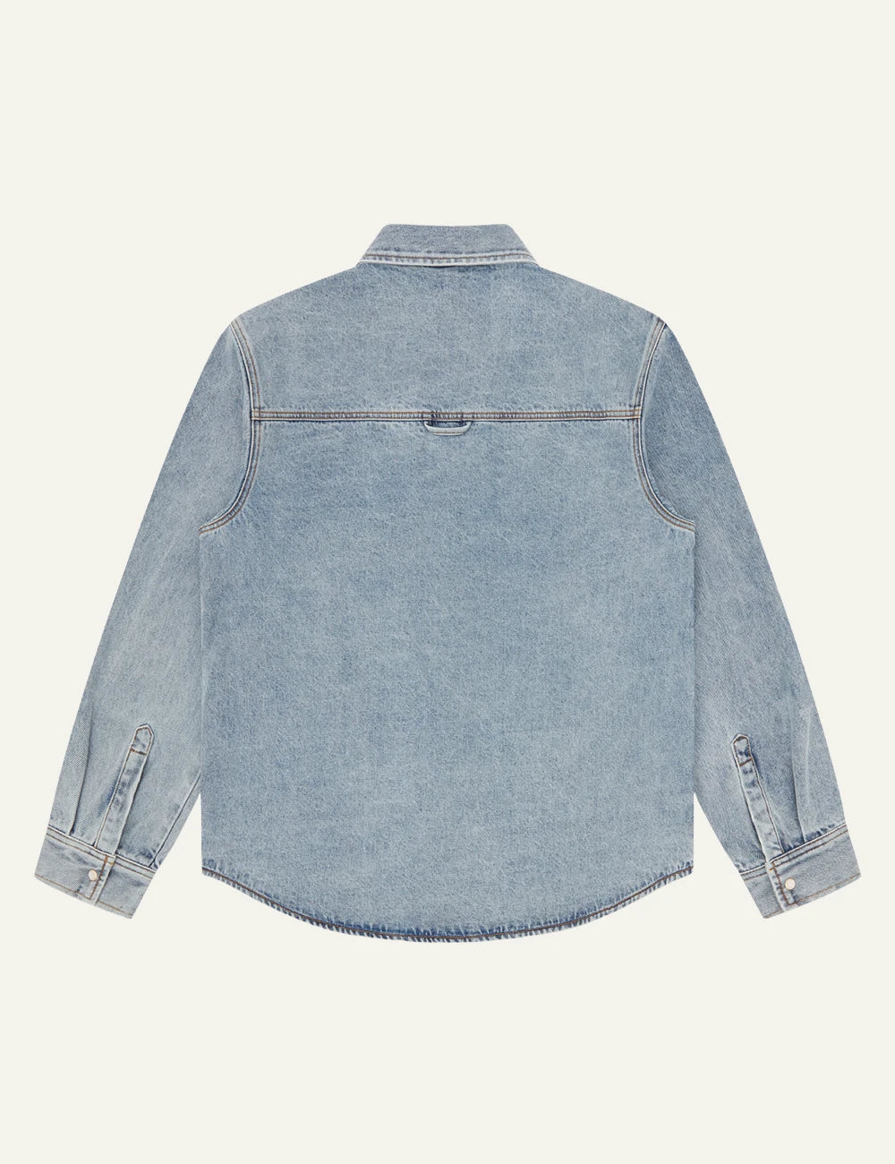 Light Wash Denim Shirt With Billionaire Boys Club Logo Print Back Flat View