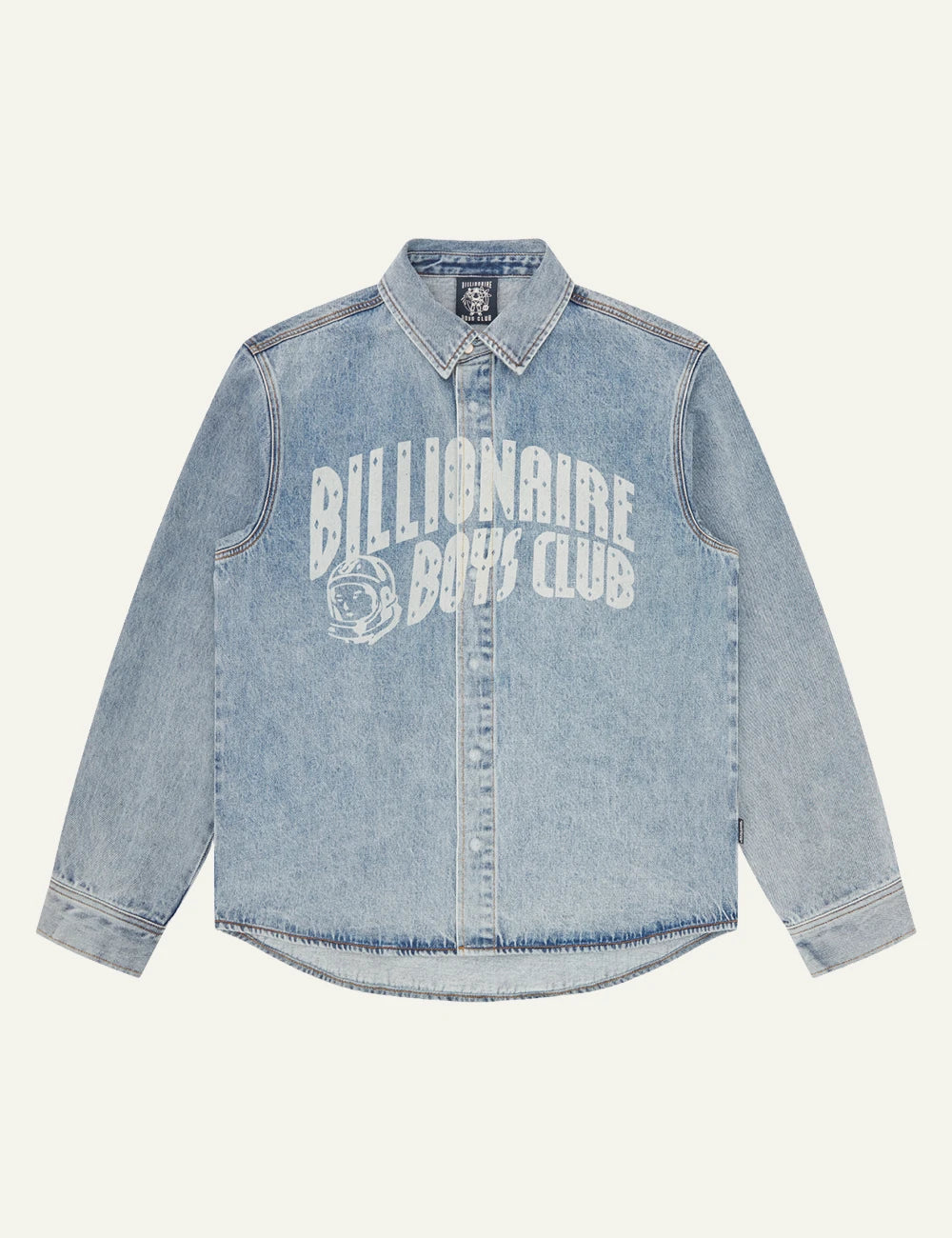 Light Wash Denim Shirt With Billionaire Boys Club Logo Print Front Flat View
