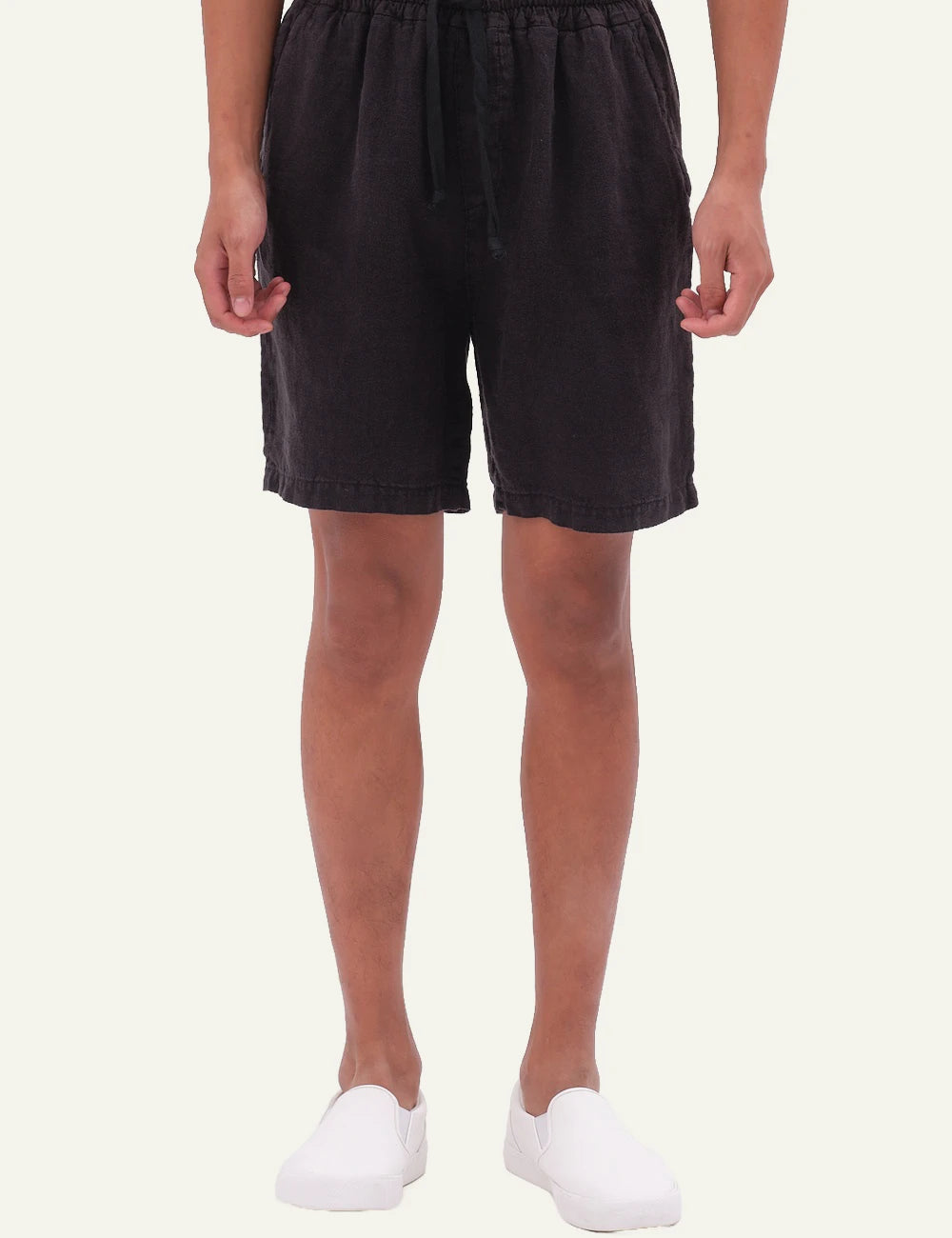 black linen bermuda shorts elastic waist drawstring relaxed fit front model view