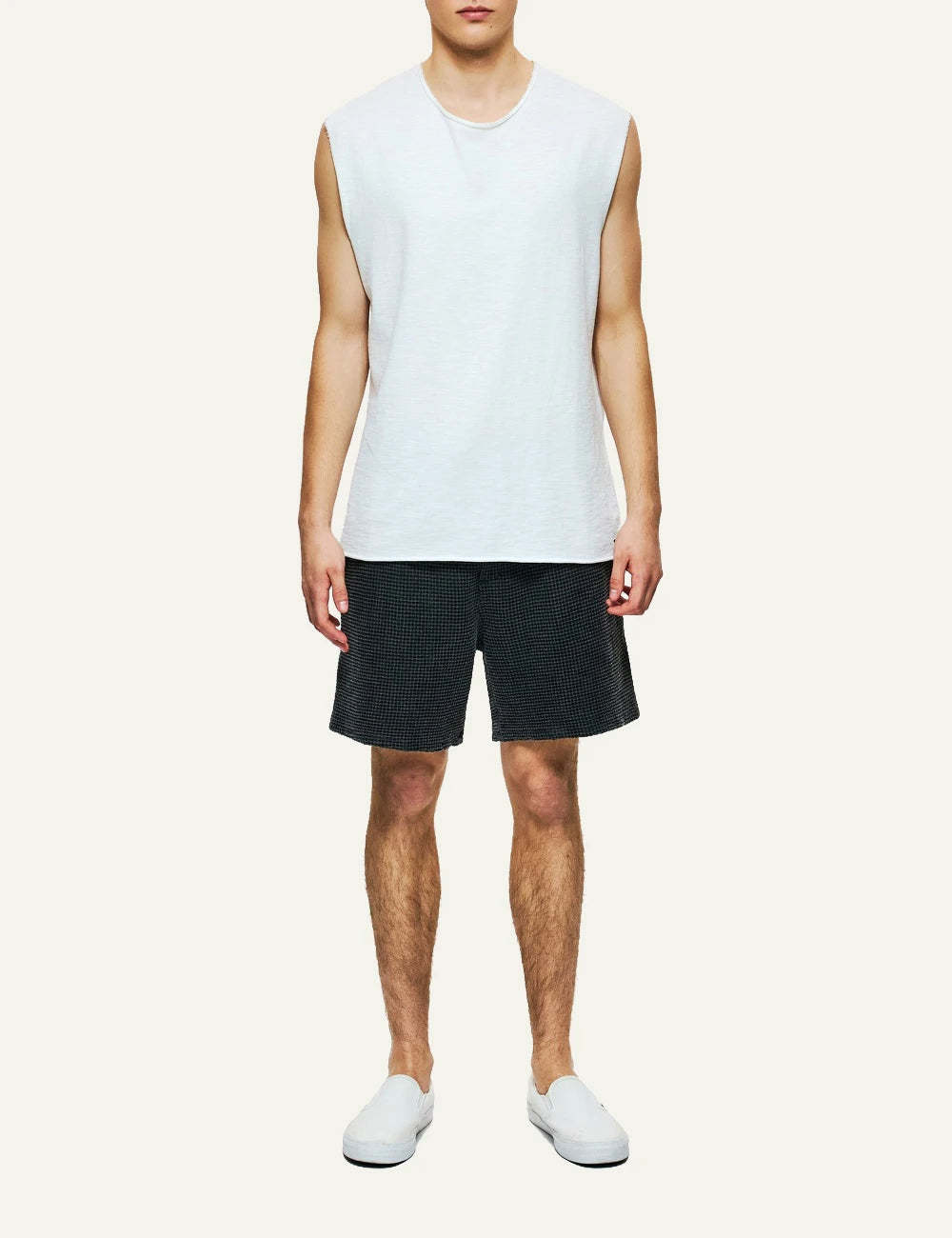 black linen bermuda shorts elastic waist drawstring relaxed fit front full body view