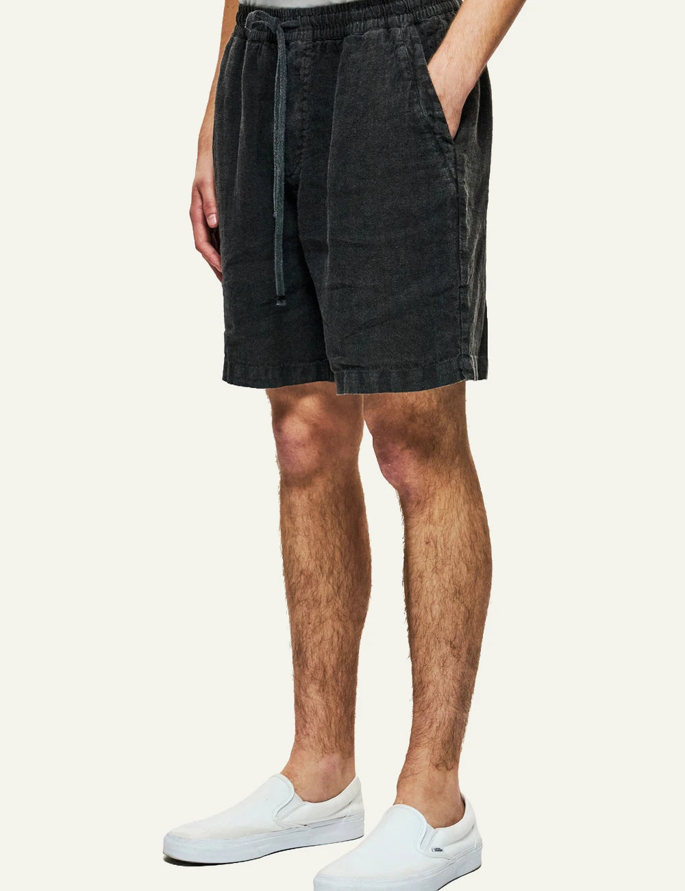 black linen bermuda shorts elastic waist drawstring relaxed fit side model view