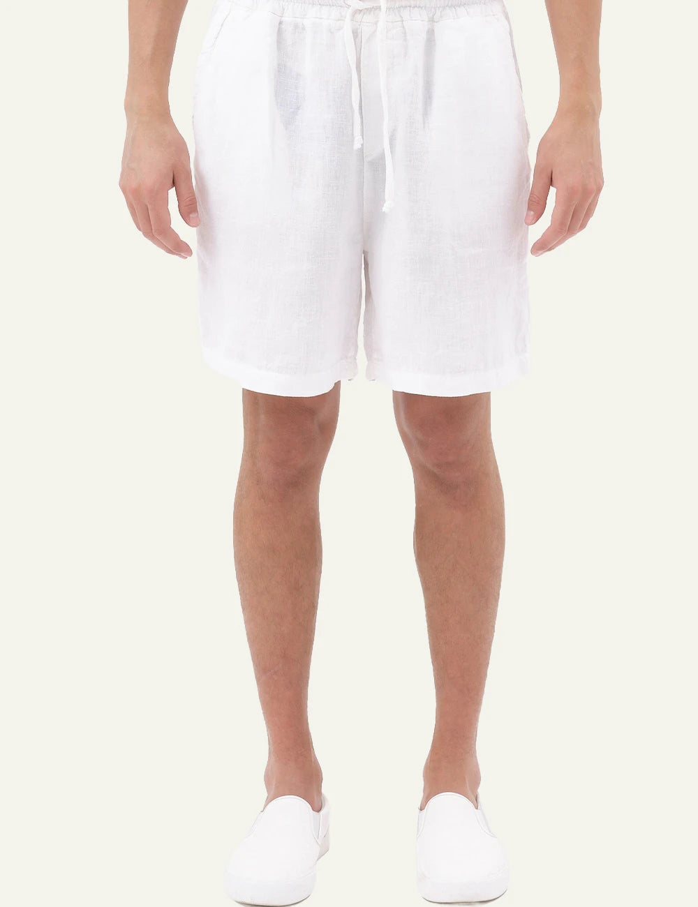 white linen bermuda shorts elastic waist drawstring relaxed fit front model view