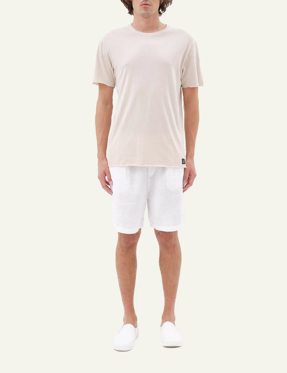 white linen bermuda shorts elastic waist drawstring relaxed fit front full body view