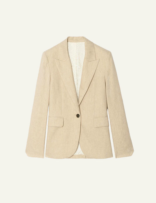 Blazer linen cotton pinstripe cookie beige front flat view