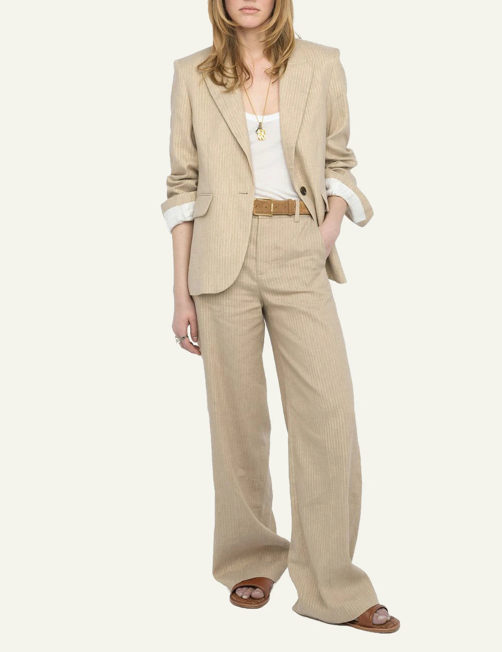 Blazer linen cotton pinstripe cookie beige front full body view