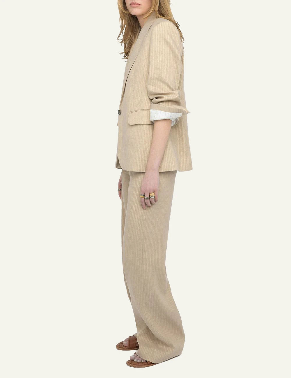 Blazer linen cotton pinstripe cookie beige side view