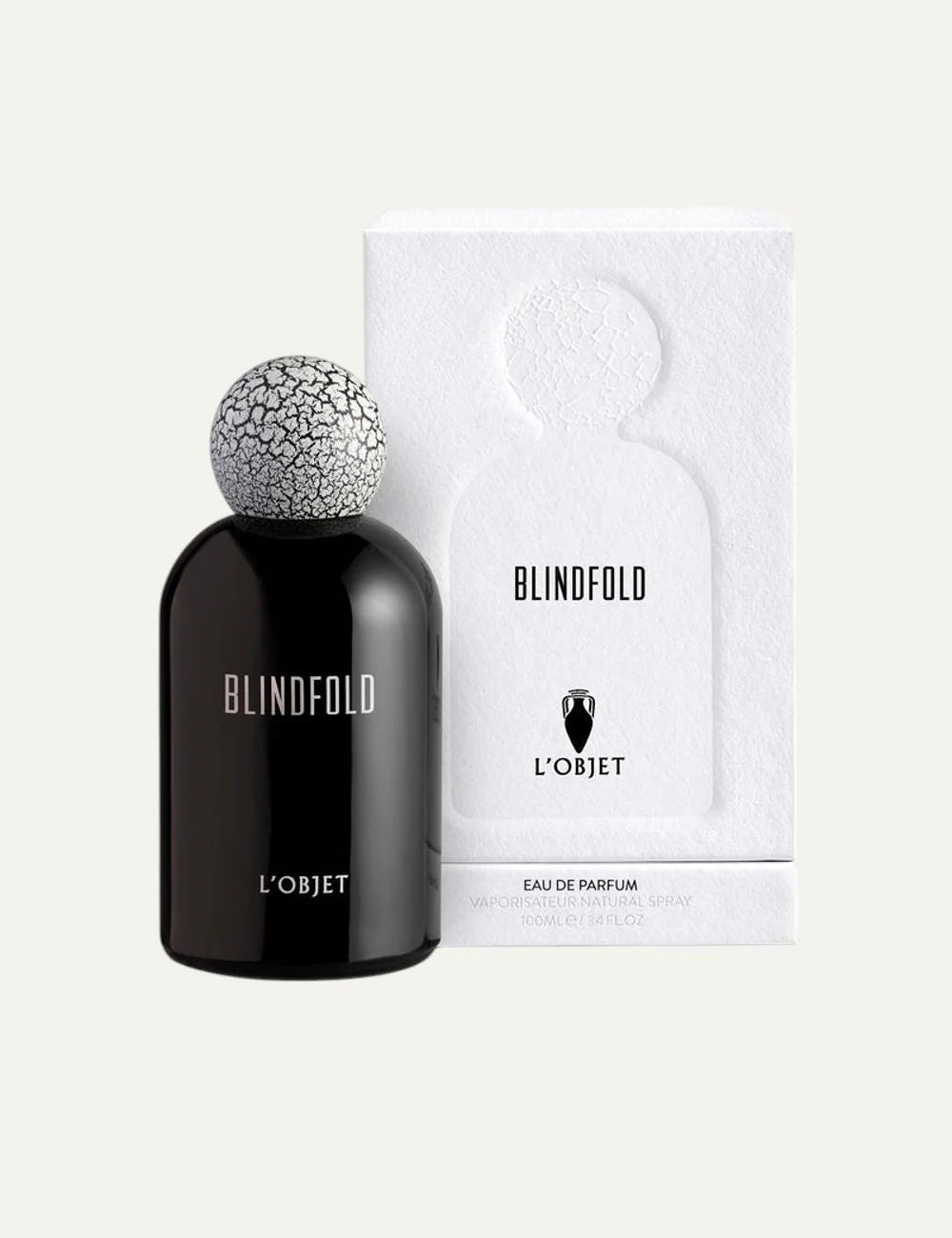 L'Objet Blindfold fragrance black bottle cracked cap front full view