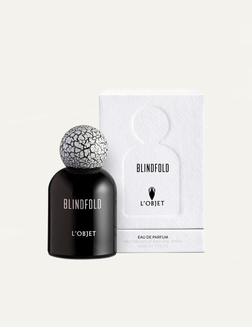 L'Objet Blindfold fragrance black bottle cracked cap front full view