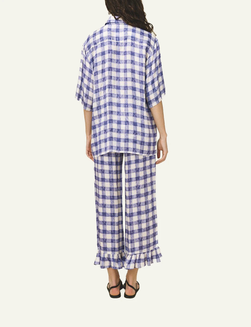 Love Alicia boxy shirt purple check print satin touch short sleeve back view