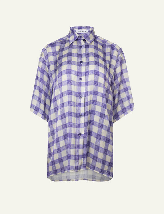 Love Alicia boxy shirt purple check print satin touch short sleeve front flat view